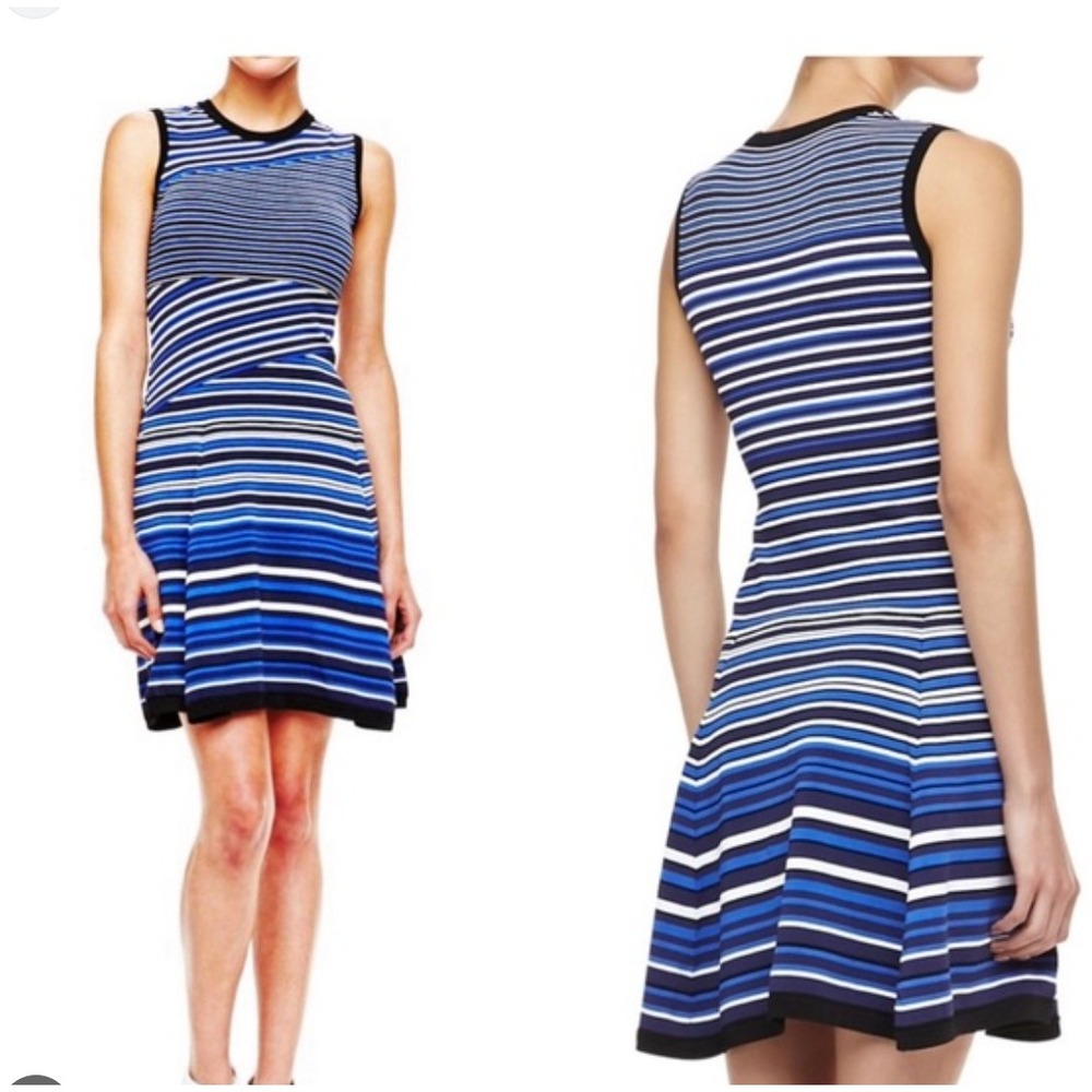 Nanette Lepore Striped Knit Dress Sleeveless Fit & Flare Blue White Size M